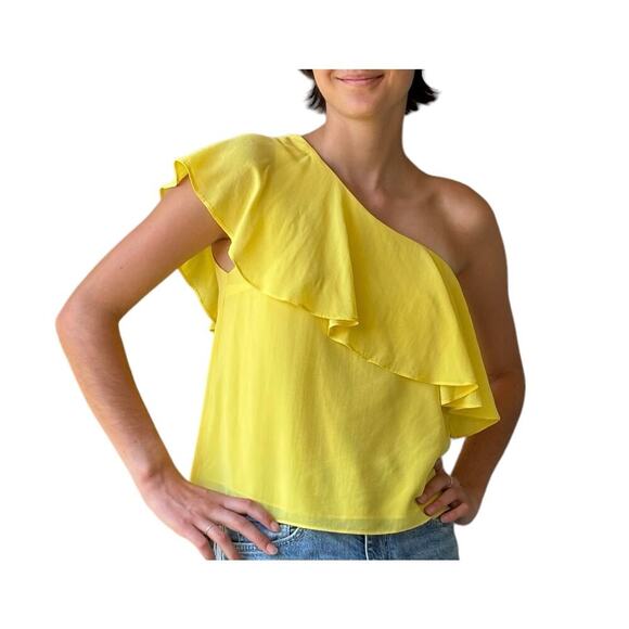 Alice + Olivia Izidora Top One Shoulder Silk Ruffled Size XS in Lemon Yellow - Picture 1 of 9